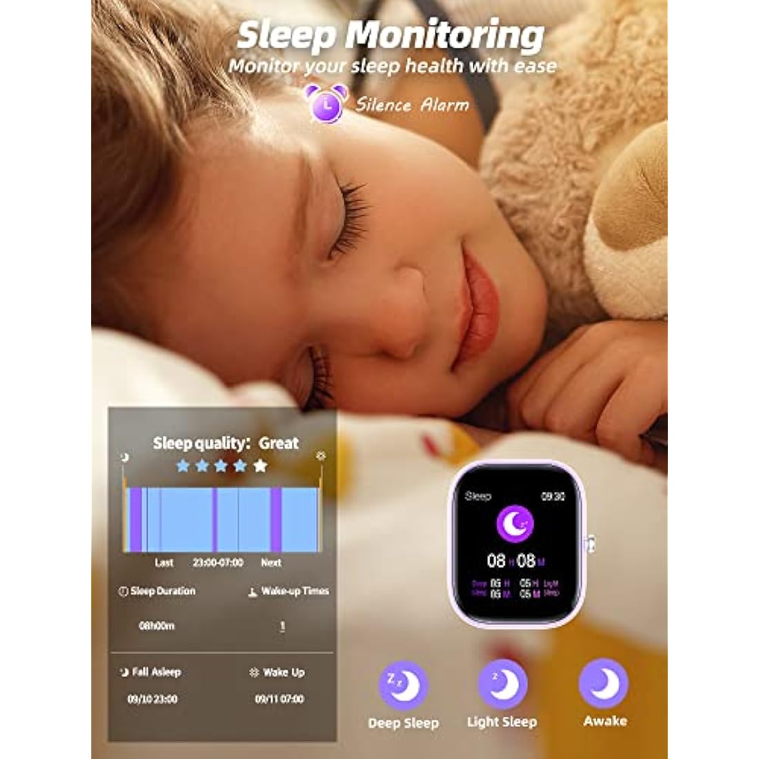 Slothcloud Kids Smart Watch – IP68 Waterproof Fitness Tracker, Purple