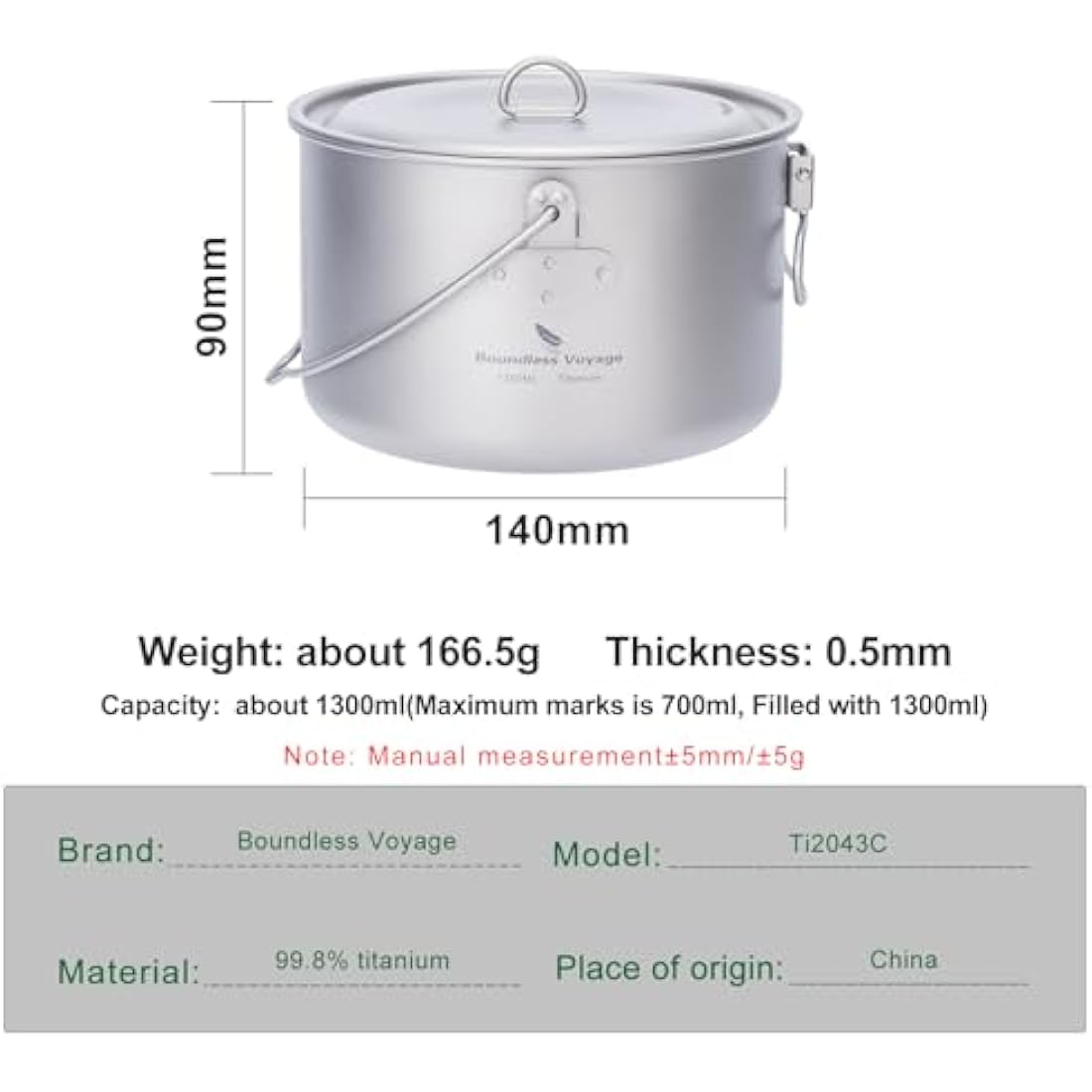 iBasingo 1.3L Titanium Hanging Pot | Ultralight Camping Cookware