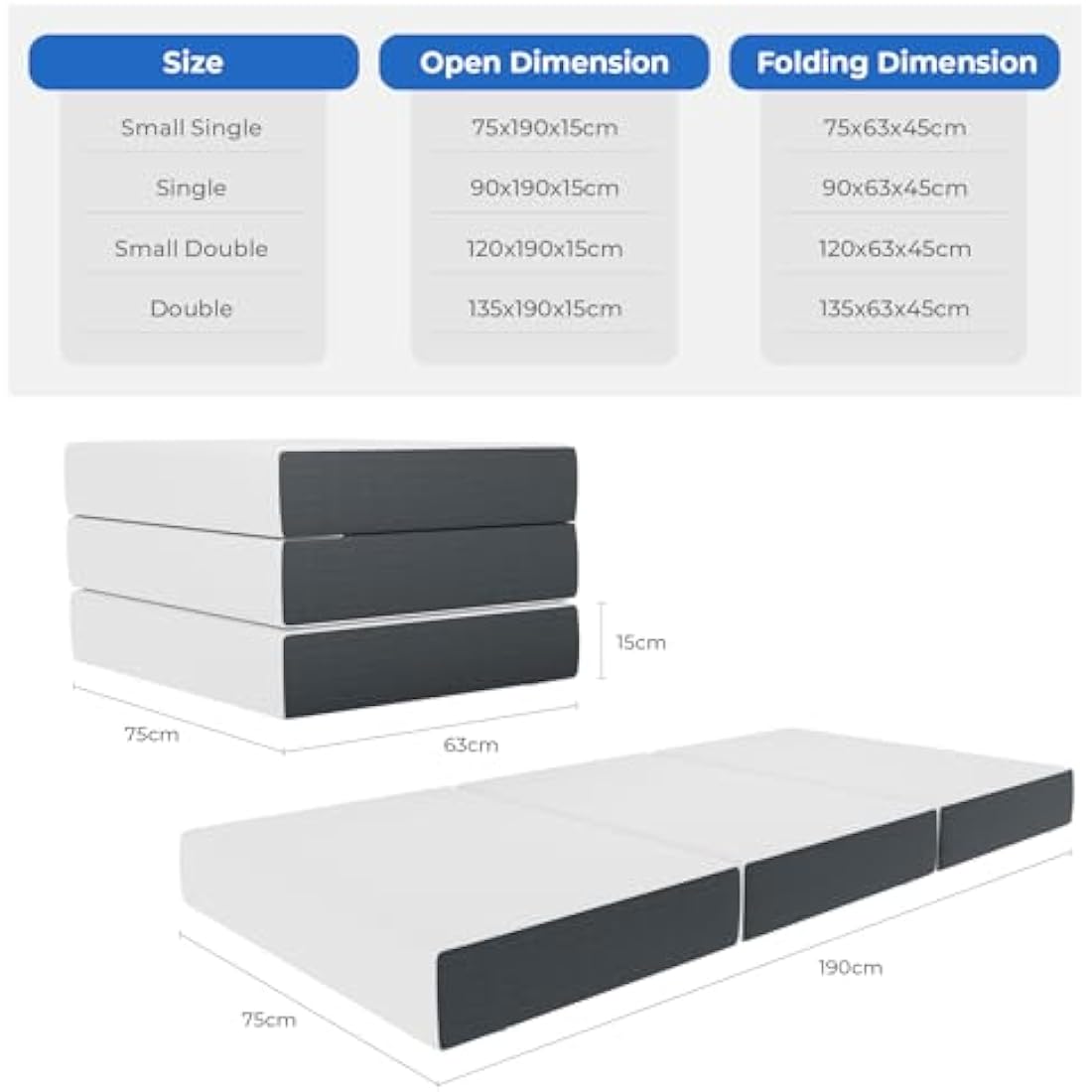Vesgantti Single Tri-fold Mattress – 15CM Gel Memory Foam Folding Bed