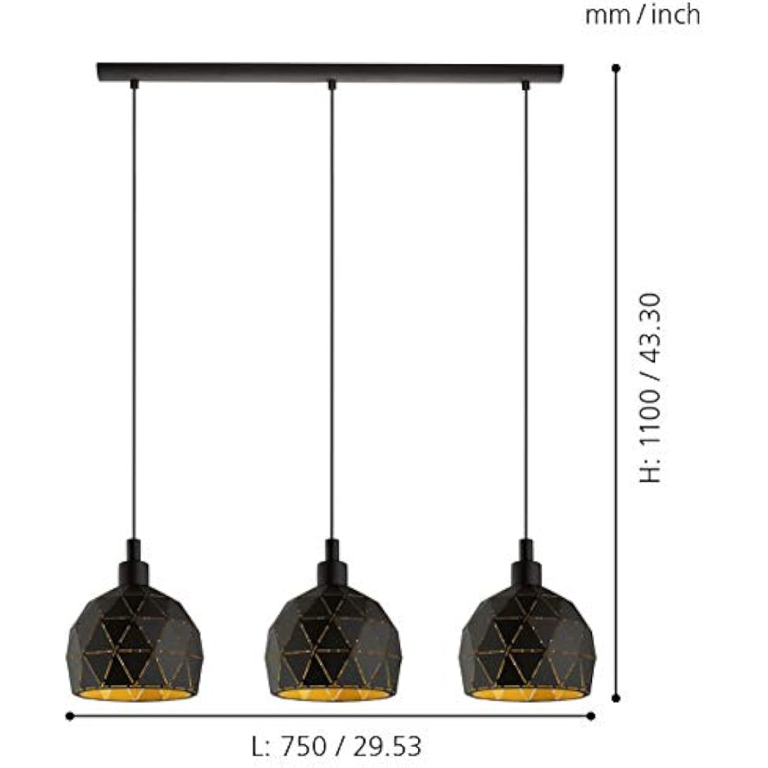 Eglo Roccaforte 3-Light Pendant Lamp – Black and Gold Steel Hanging Light