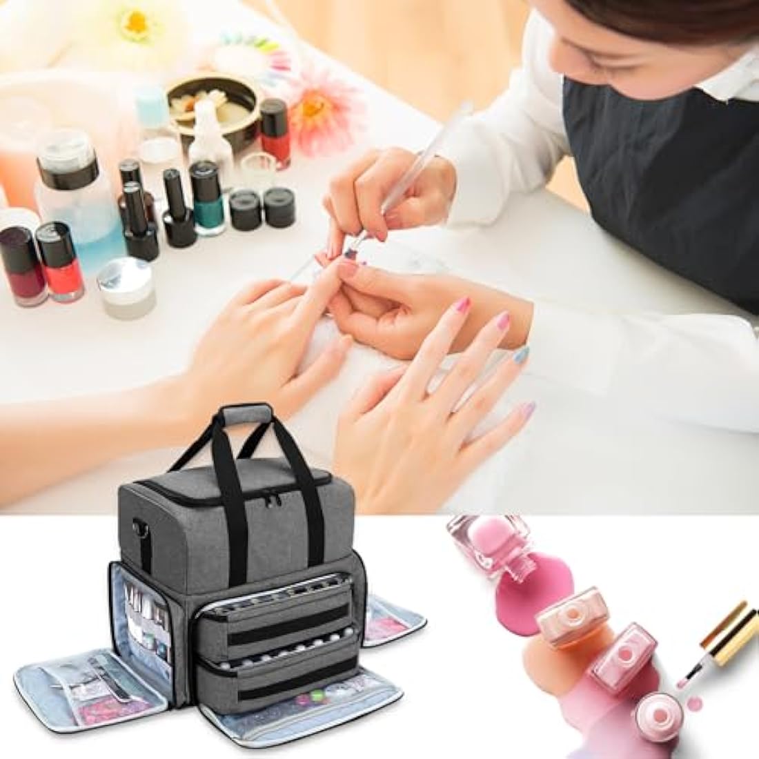 Nail Polish Organiser Bag - Holds 80 Bottles & UV Lamp, Grey
