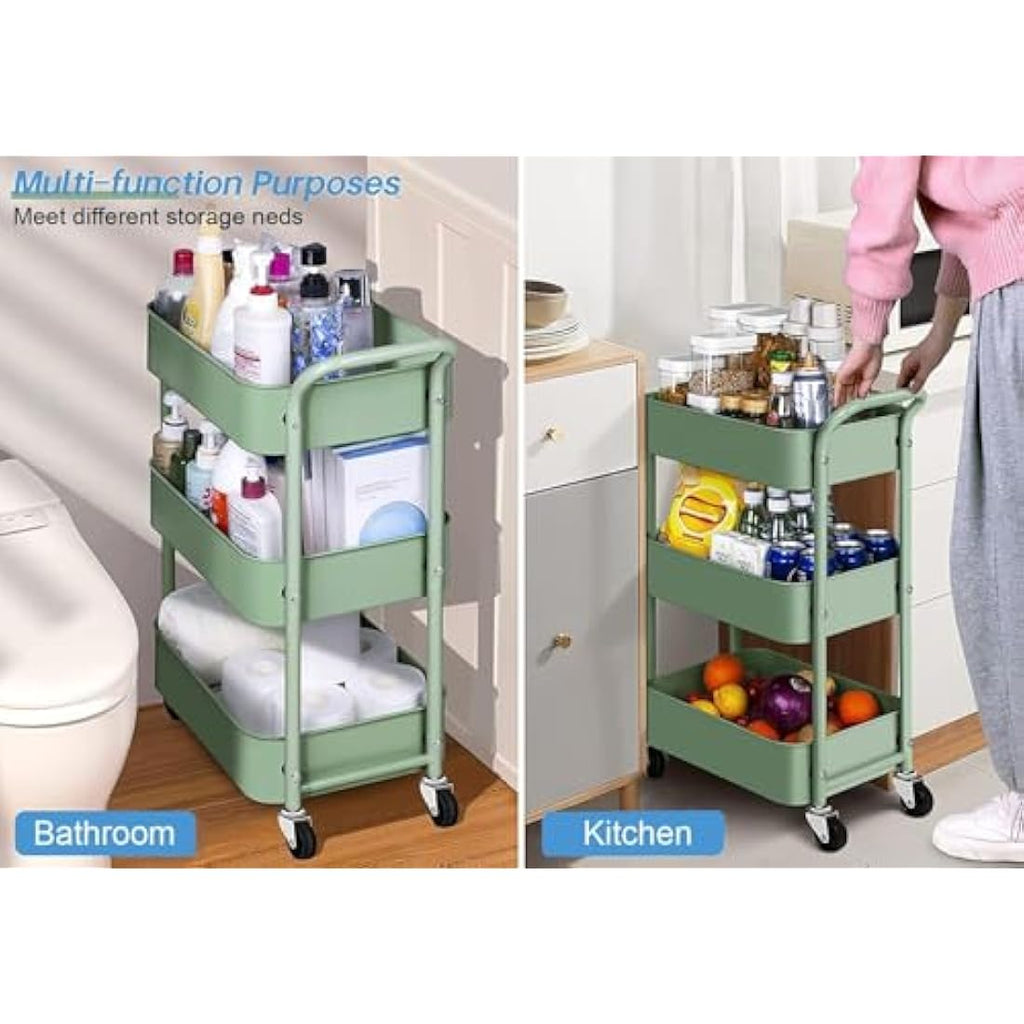 MISSLO 3-Tier Metal Rolling Utility Cart – Small Under Desk Storage, Green