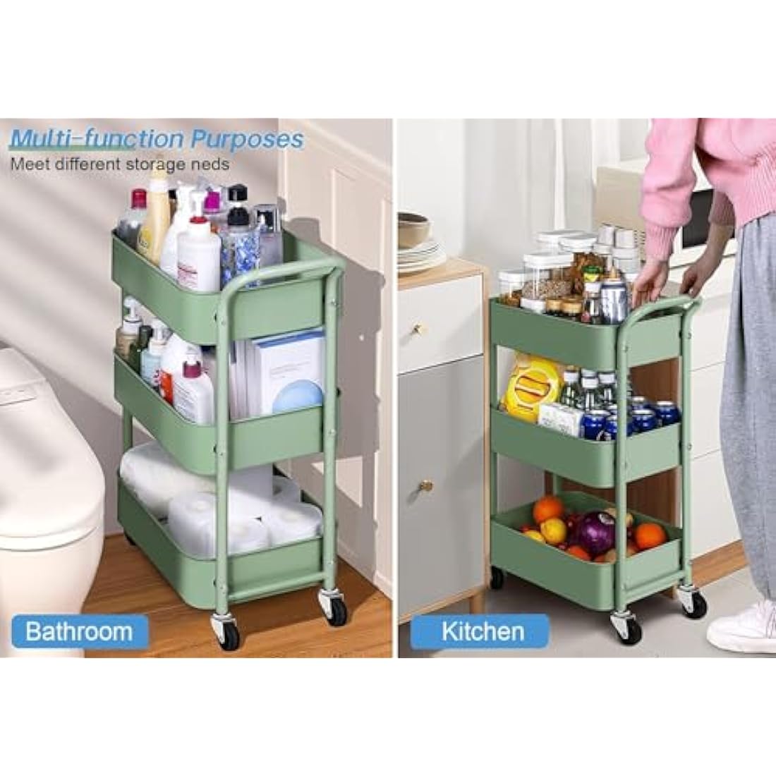 MISSLO 3-Tier Metal Rolling Utility Cart – Small Under Desk Storage, Green