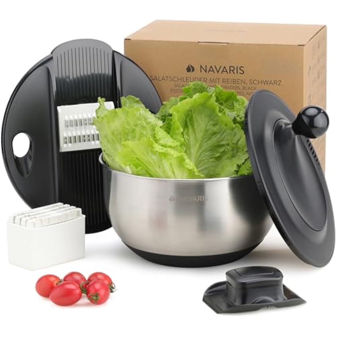 Navaris Stainless Steel Salad Spinner with 5 Grater & Slicer Discs