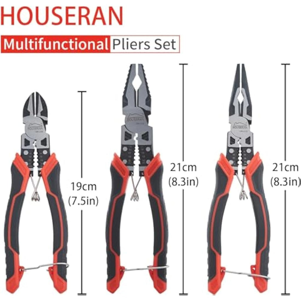 HOUSERAN 3-Piece Pliers Set | 55 Steel Spring Loaded Hand Tool Kit