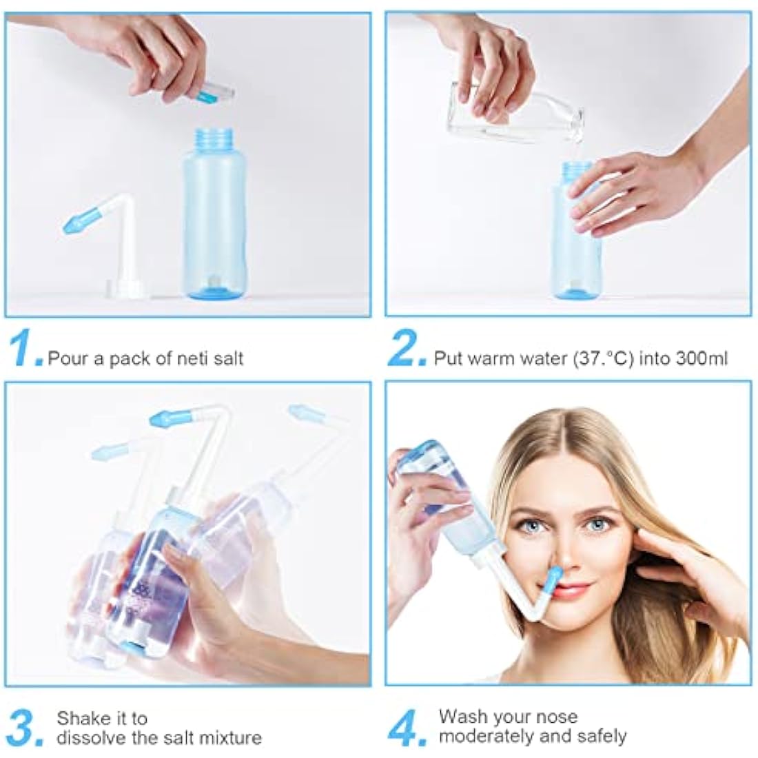 URAQT Neti Pot Nasal Rinse Kit – 300ml Sinus Irrigation with 40 Salt Packs