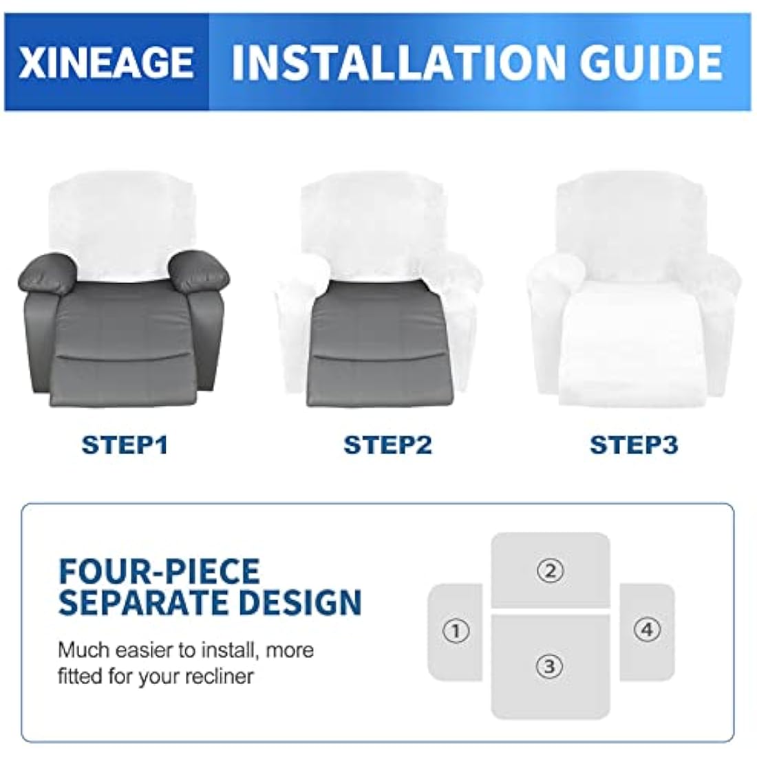 XINEAGE Velvet Recliner Slipcover | 4-Piece Stretch Chair Cover - White