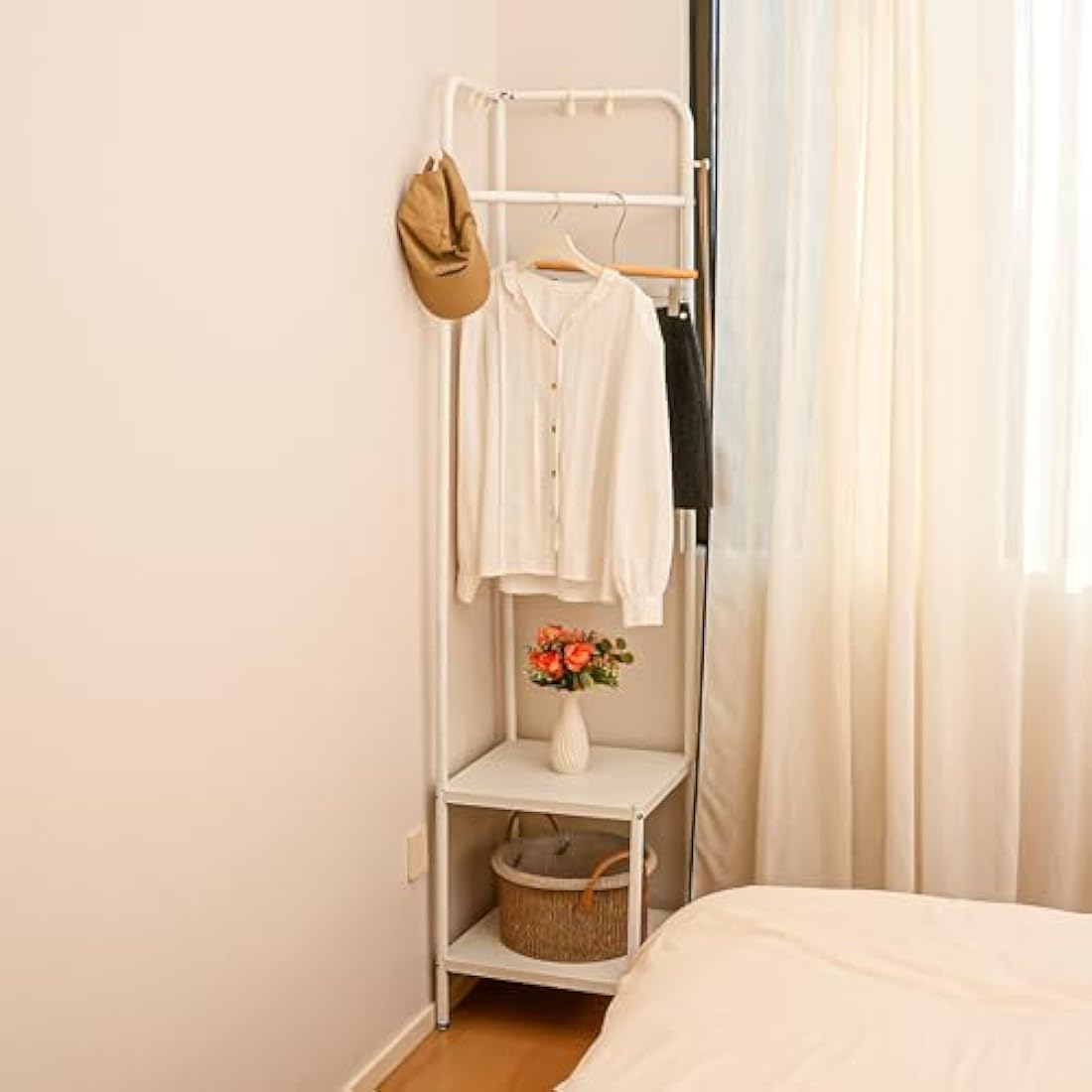 Metal Corner Coat Rack | Small Space Shoe Stand - White