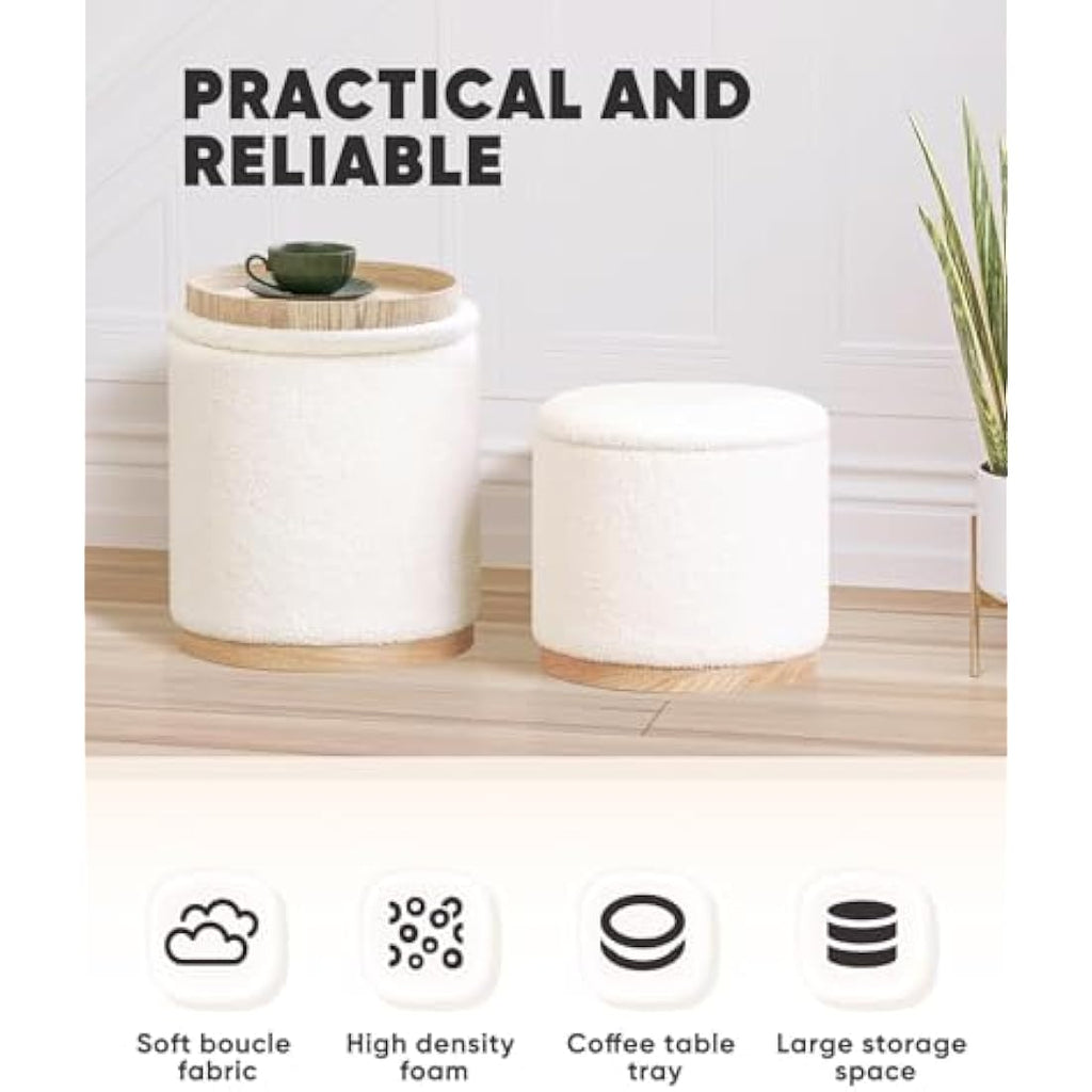 Bonlife Round White Boucle Storage Ottoman Set of 2 – Vanity Stool
