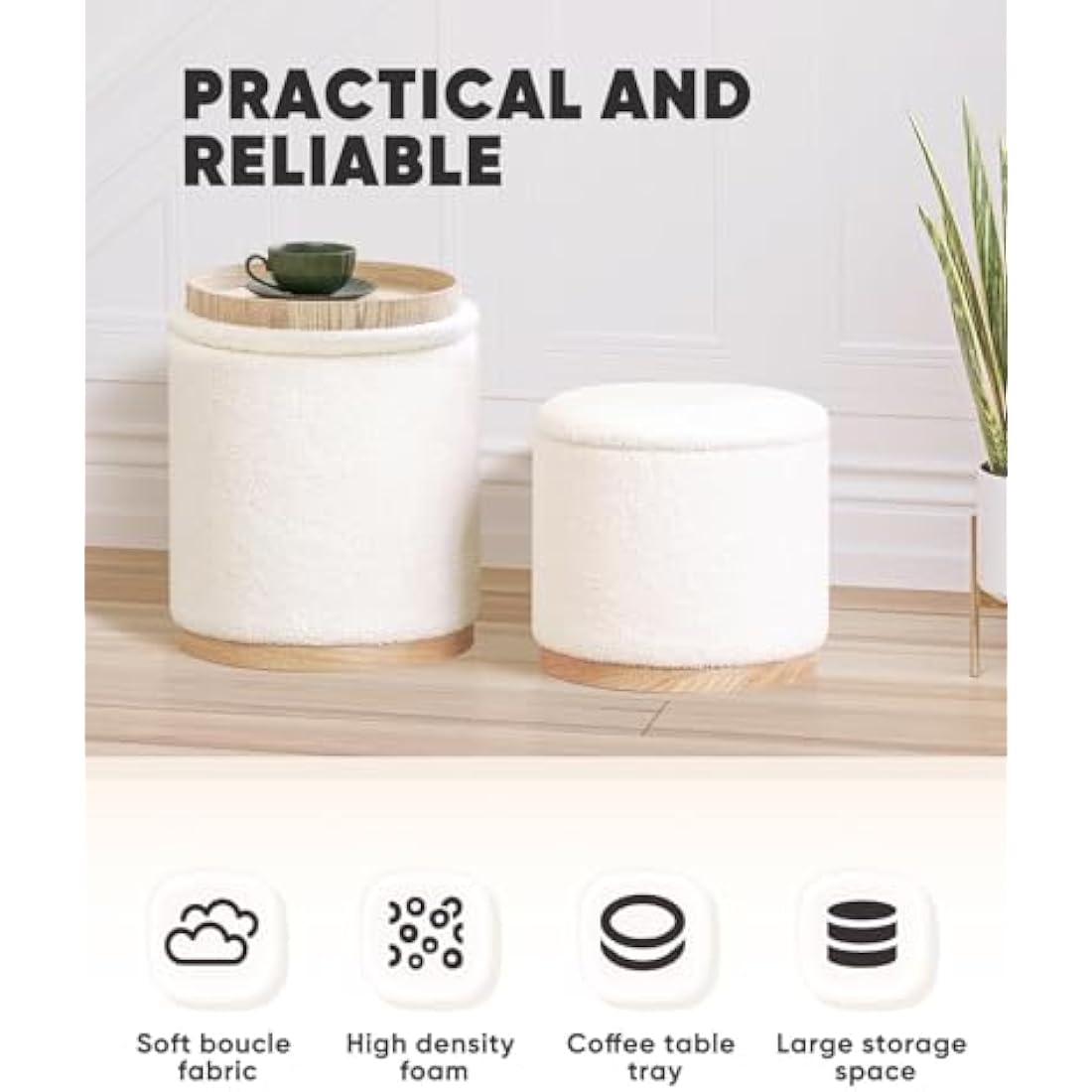 Bonlife Round White Boucle Storage Ottoman Set of 2 – Vanity Stool