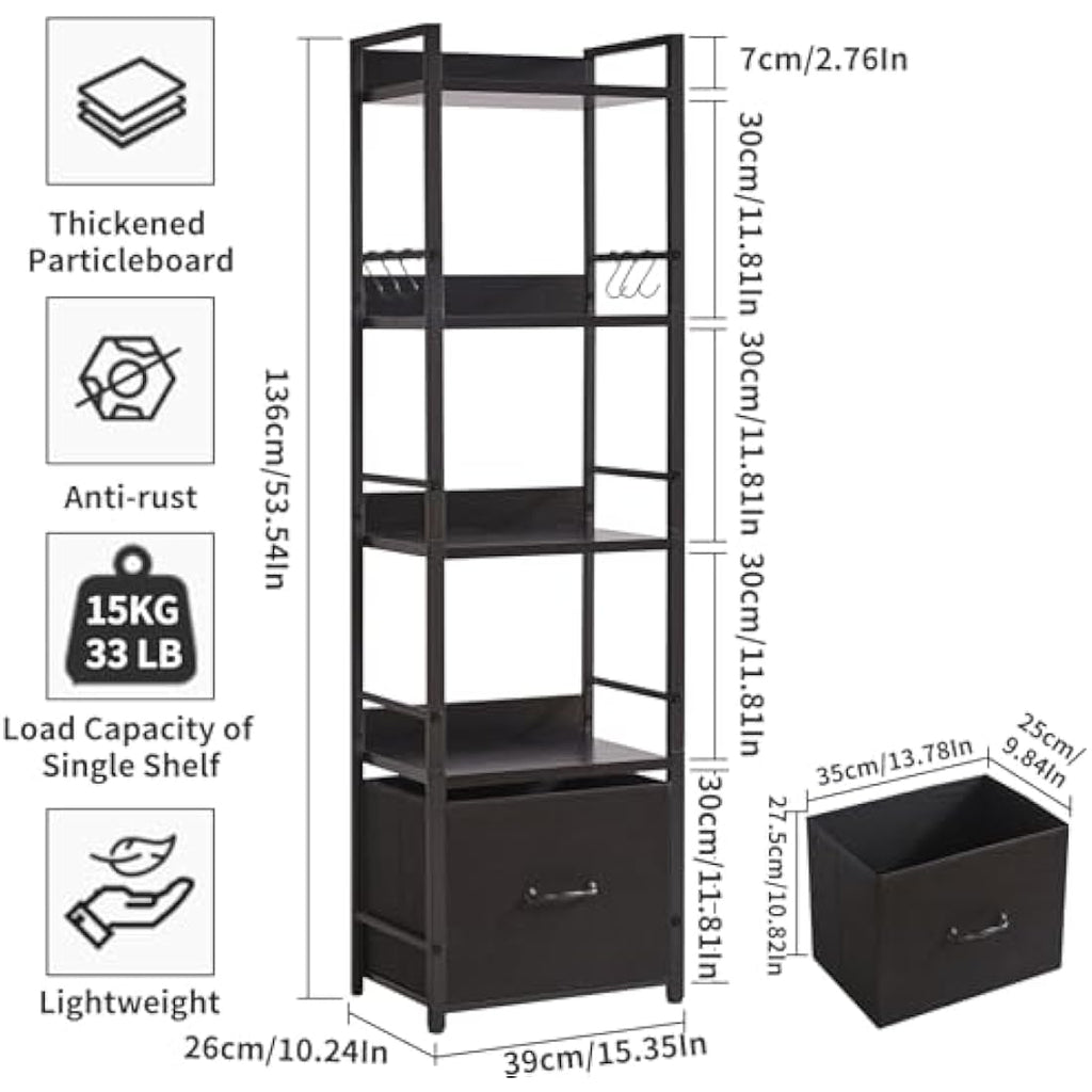 Aibiju 5-Tier Industrial Ladder Shelf – Narrow Metal Bookcase with Drawer