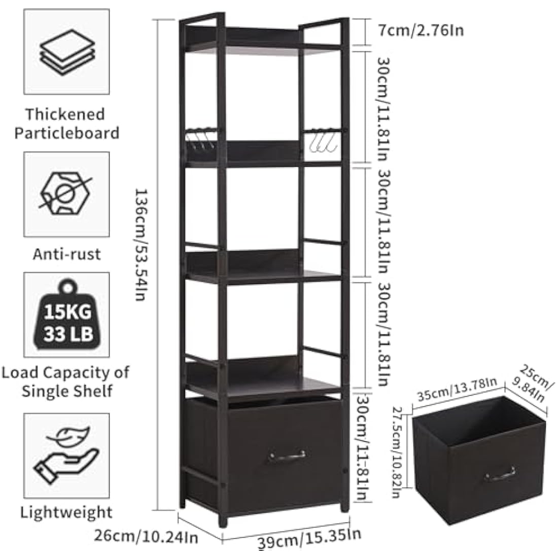 Aibiju 5-Tier Industrial Ladder Shelf – Narrow Metal Bookcase with Drawer