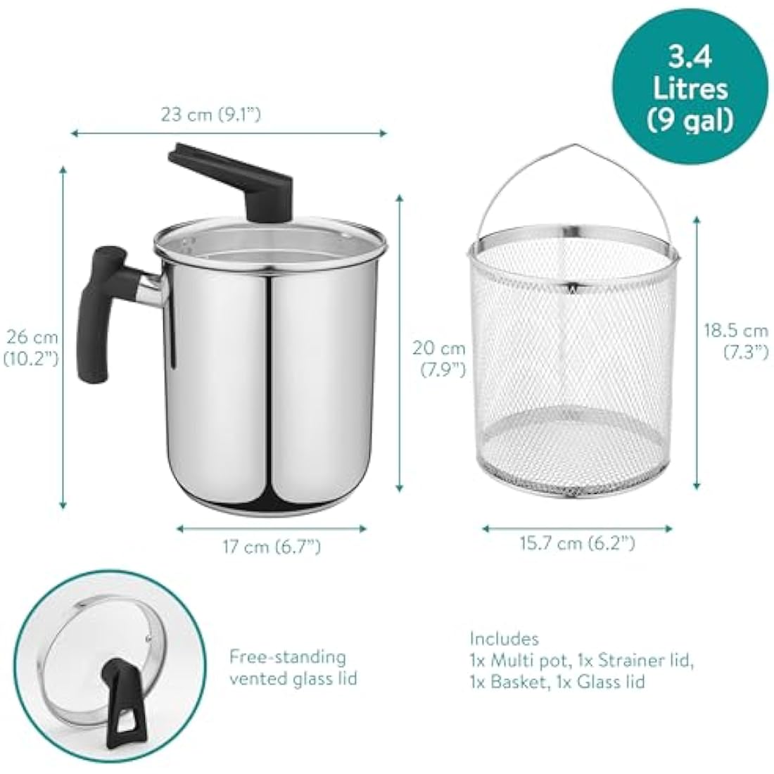 Navaris Stainless Steel Multi Pot – 3.4L Deep Fryer and Steamer Basket