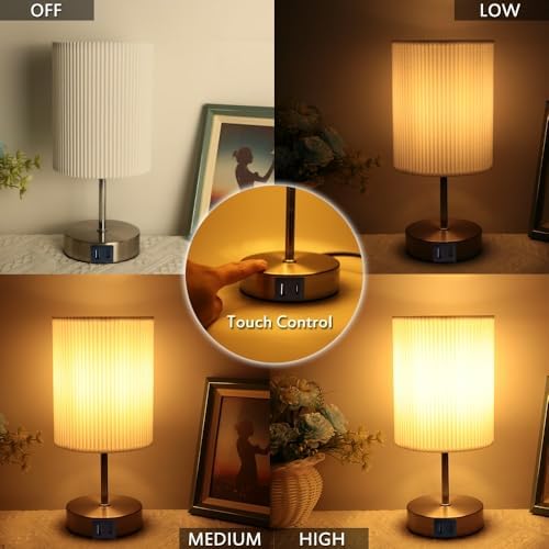 HSLighting Touch Control Bedside Lamps with USB A+C Ports, 2 Pack