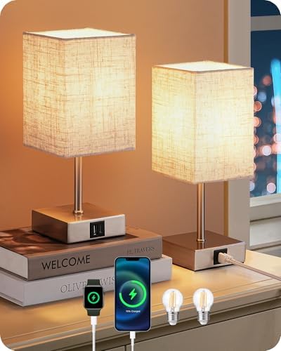 EDISHINE Touch Bedside Lamps Set of 2 | 3-Way Dimmable with USB A+C