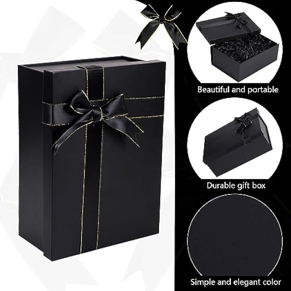 Jolof Store Luxury Black Gift Box with Lid, Ribbon and Bag – 22x16x8.5cm