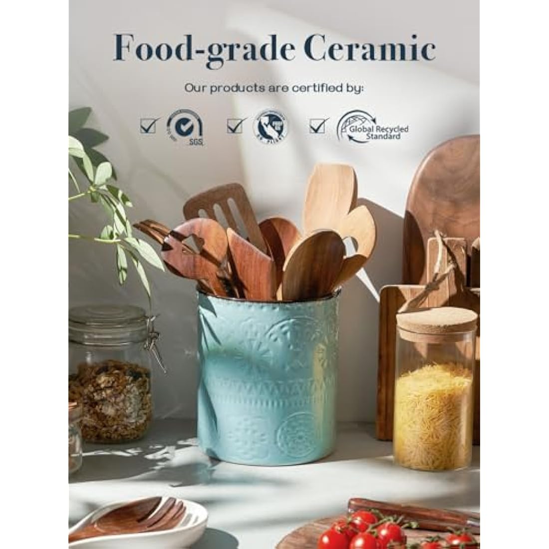 DOWAN Large Ceramic Utensil Holder – Farmhouse Kitchen Crock, Blue