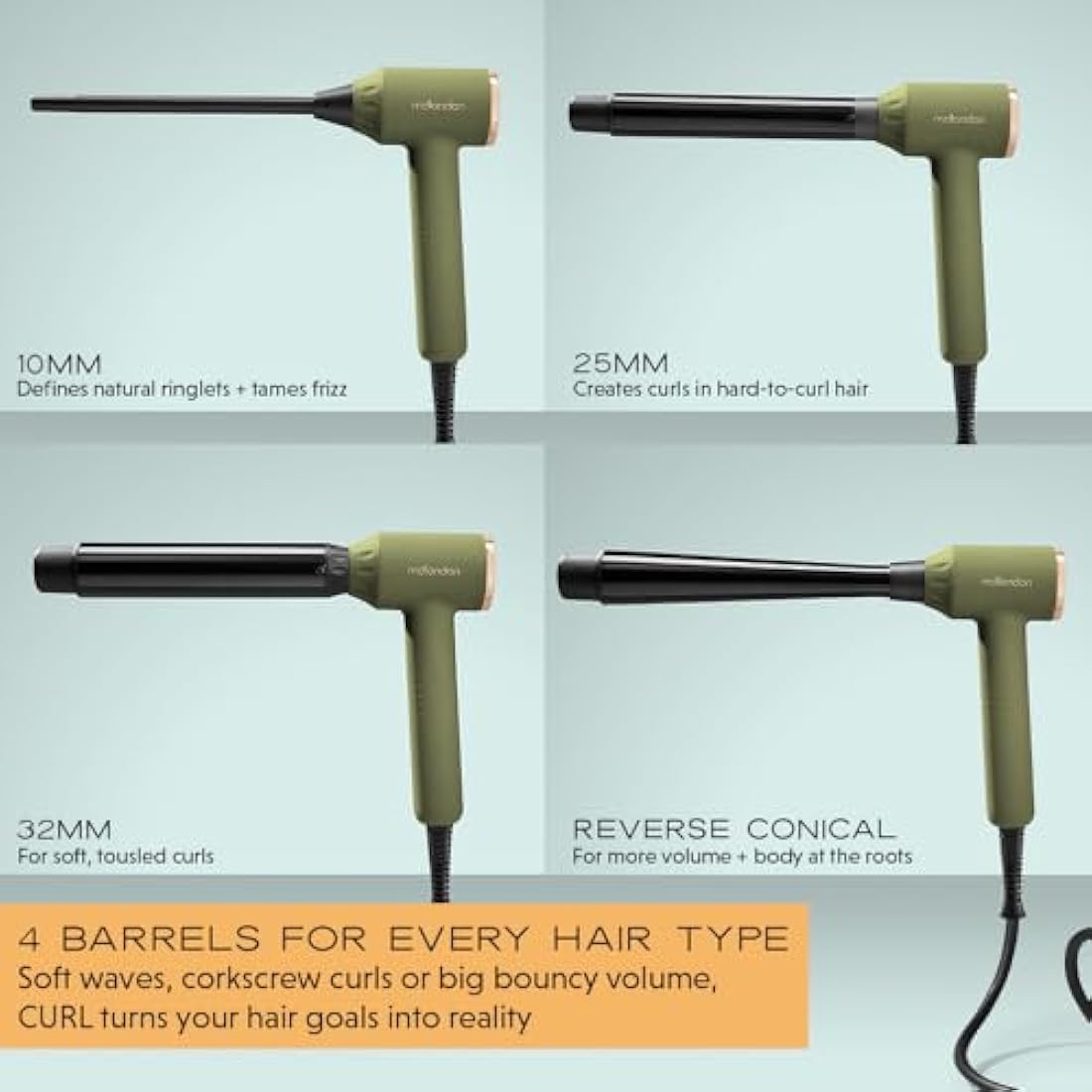 mdlondon CURL 4-in-1 Hair Curling Wand – Ceramic Multi-Styler, Olive