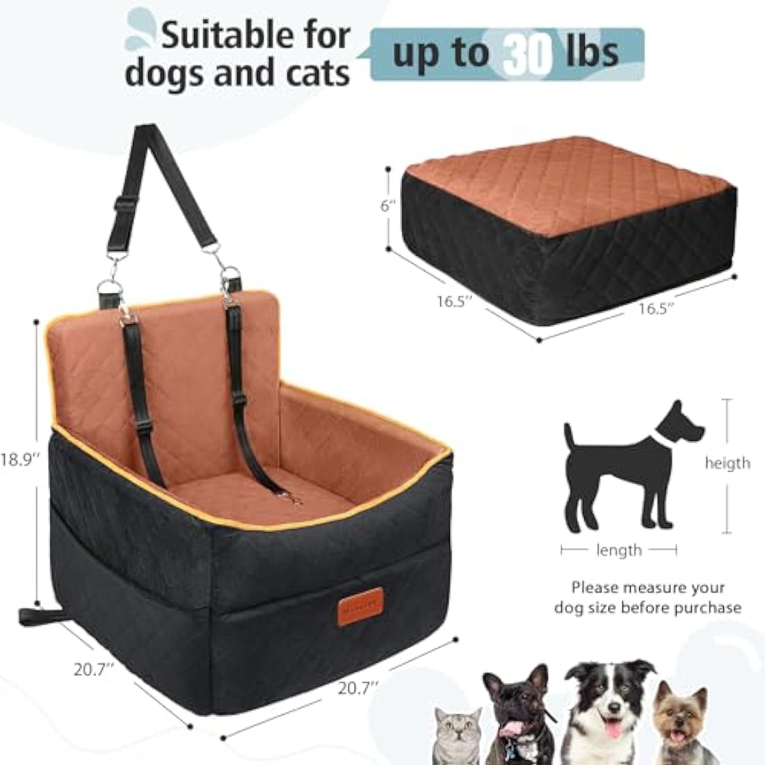 HEGGCOOE Memory Foam Dog Car Seat - Small/Medium Booster Bed - Black