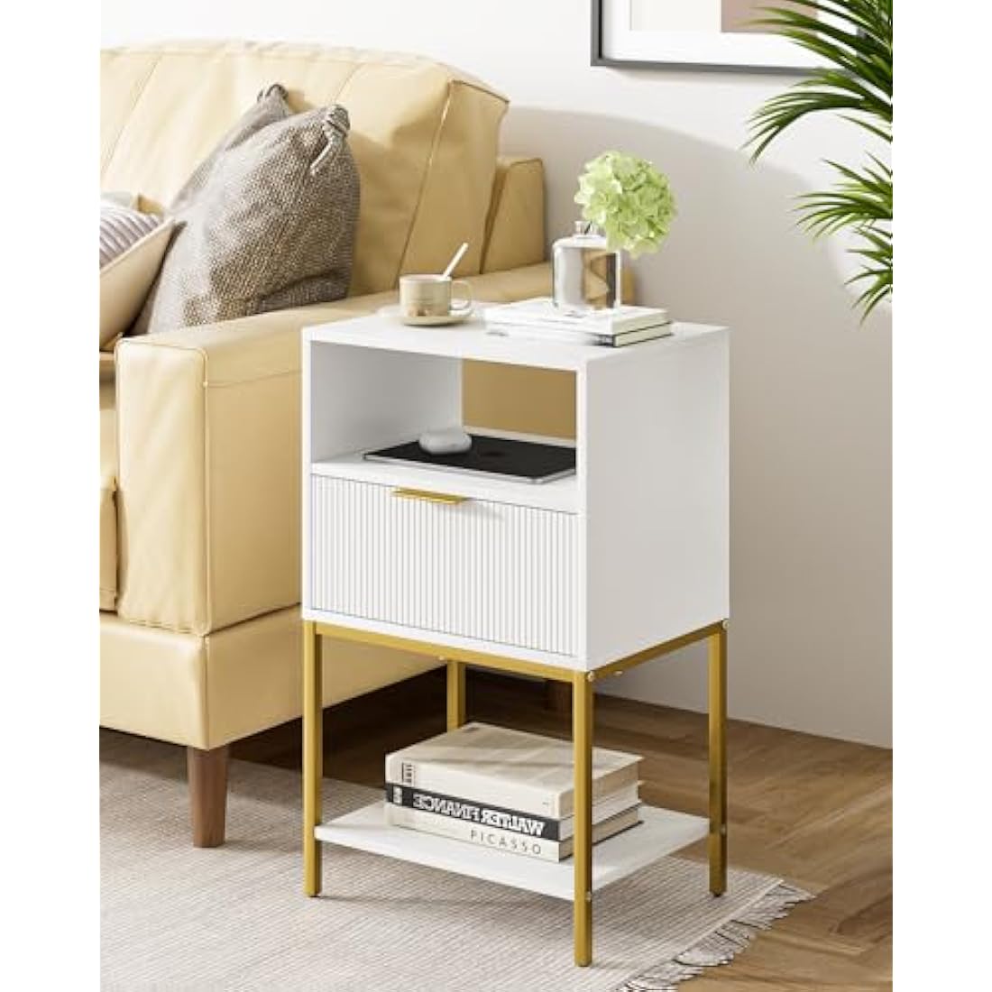 HEYZOEY White Fluted Nightstand – Tall Bedside Table with Gold Frame