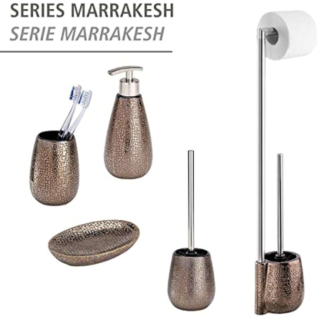 WENKO Marrakesh Toilet Brush and Holder – Brown Ceramic Bathroom Set
