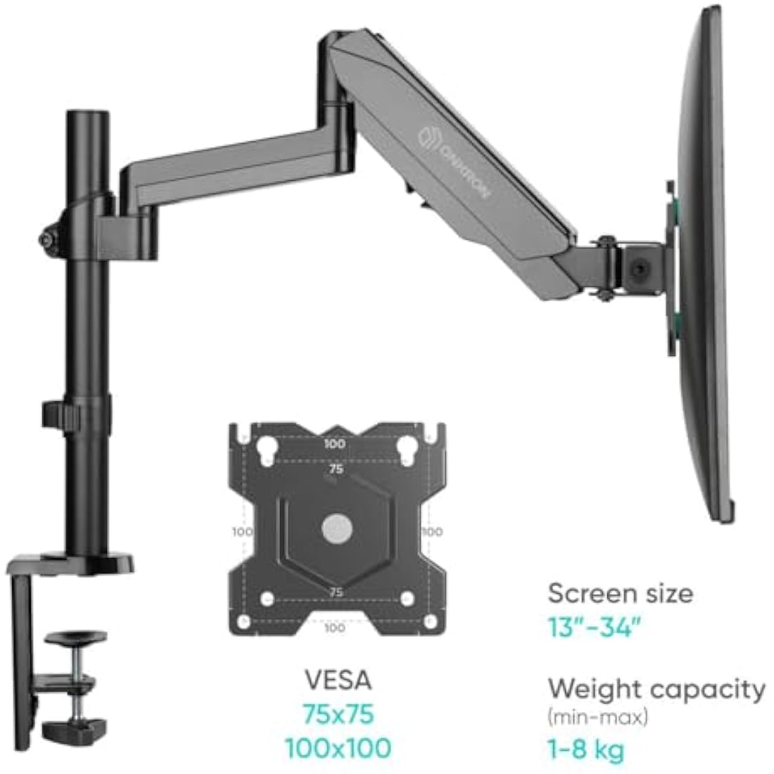 ONKRON G70-B Single Monitor Arm – Gas Spring Desk Mount for 13-34" Screens