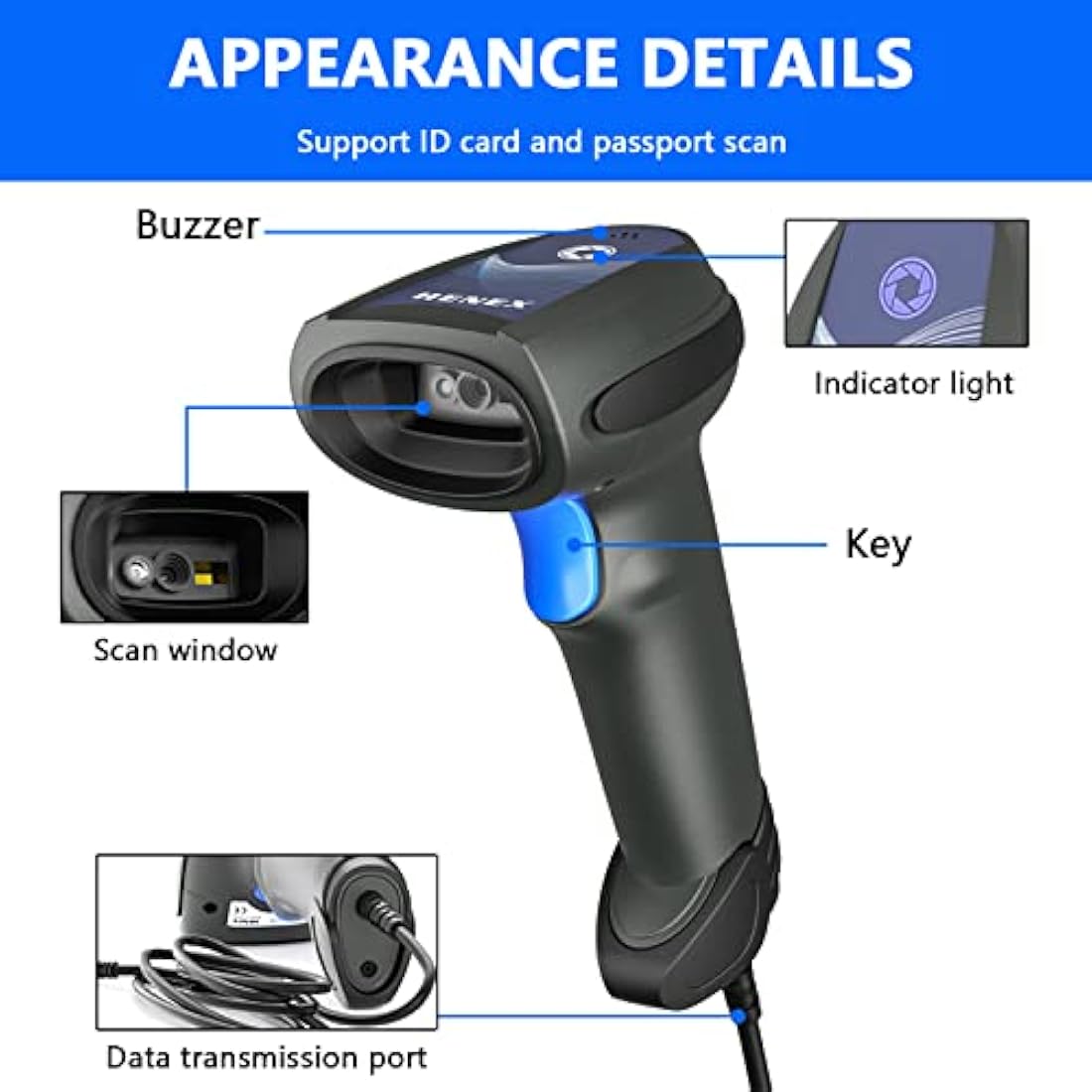 LENVII Handheld 2D QR Barcode Scanner | USB Wired Reader for POS