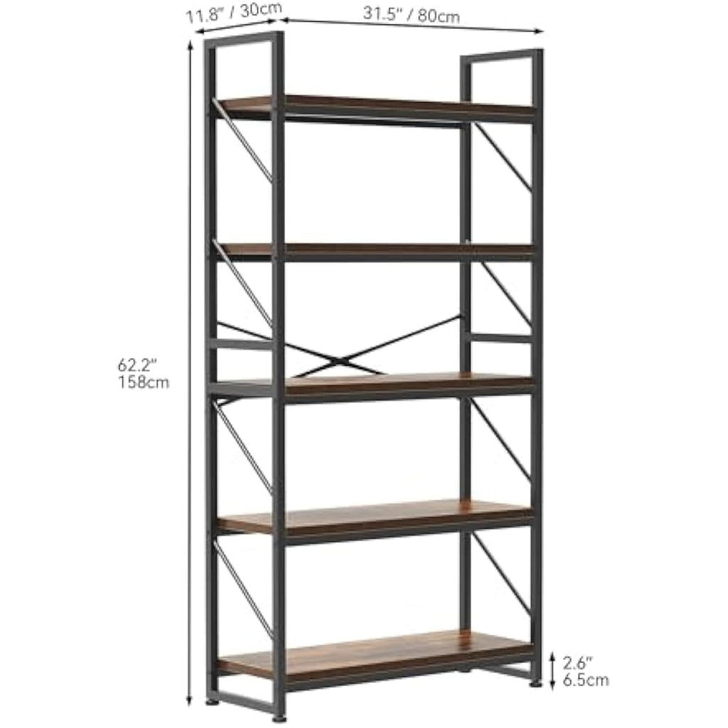 YITAHOME 5-Tier Industrial Bookcase | Rustic Brown Metal Storage Shelf
