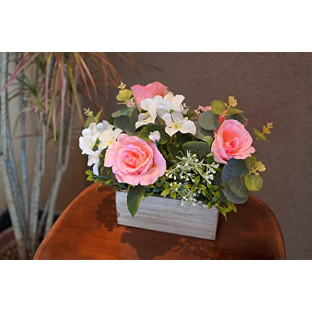 Artificial Pink Roses & Hydrangeas in Wooden Pot Centerpiece