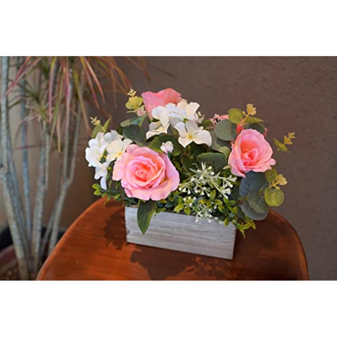 Artificial Pink Roses & Hydrangeas in Wooden Pot Centerpiece