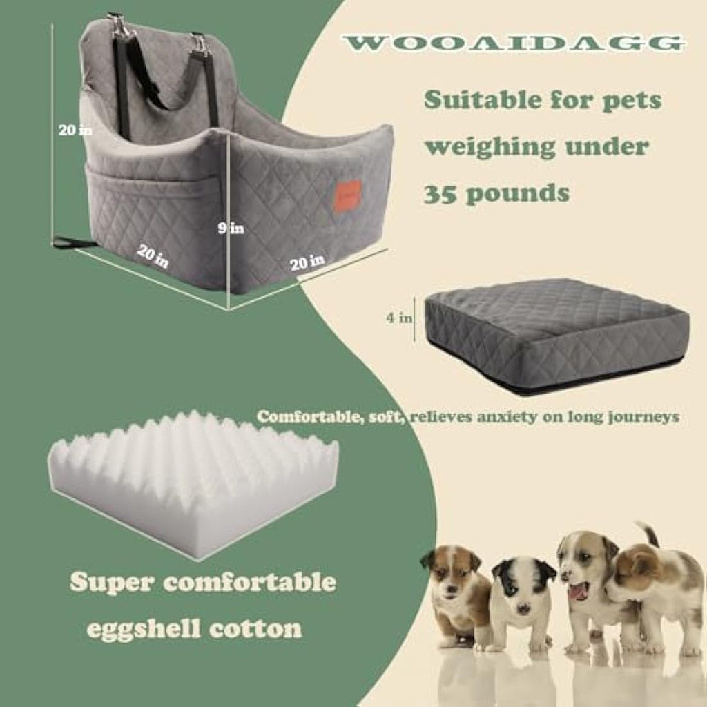 Wooaidagg Dog Car Seat – Memory Foam Pet Booster Bed with Safety Straps