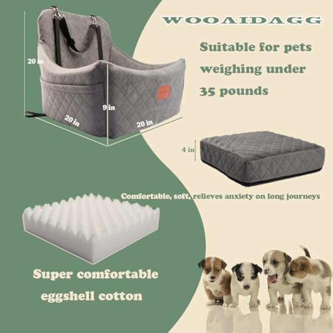 Wooaidagg Dog Car Seat – Memory Foam Pet Booster Bed with Safety Straps