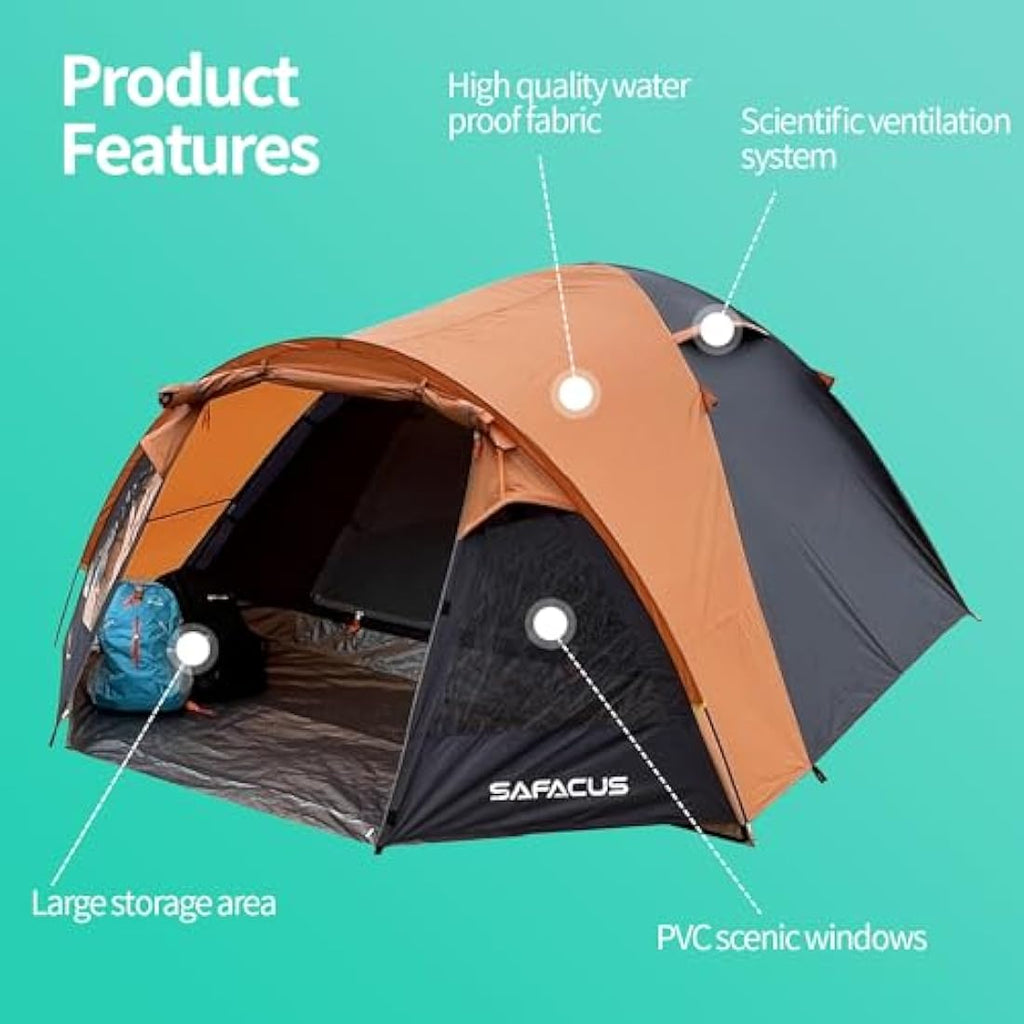 SAFACUS 4-Person Dome Camping Tent | Waterproof Double Layer Family Tent