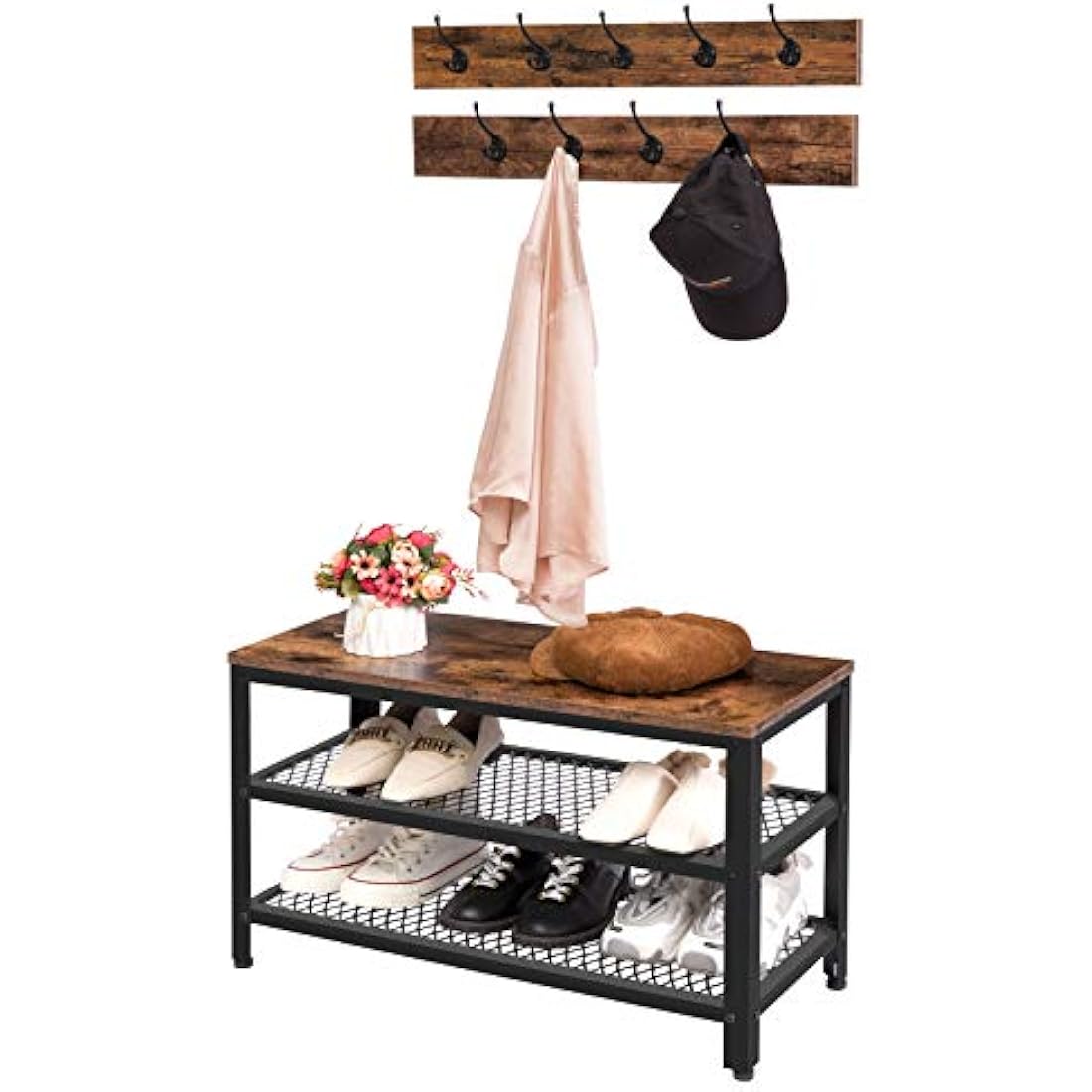HOOBRO Industrial Hall Tree with Shoe Bench - Rustic Brown Coat Rack