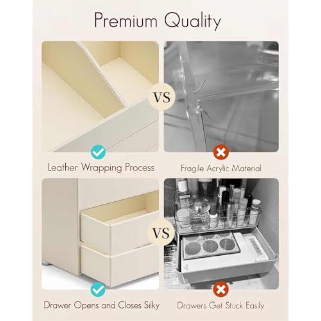 Vlando Faux Leather Makeup Organiser | 2-Drawer Cosmetic Storage, Beige