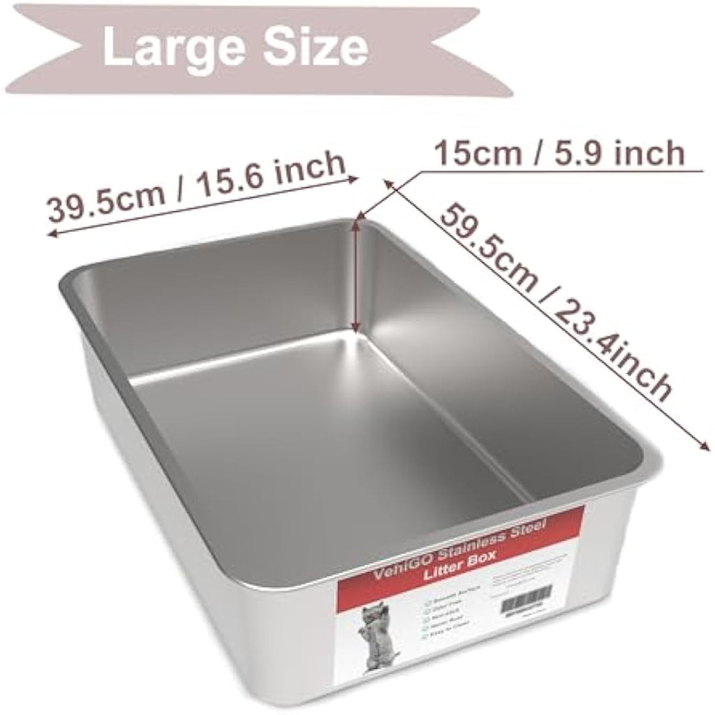 VehiGo Stainless Steel Cat Litter Box – Extra Large Non-Stick Metal Pan