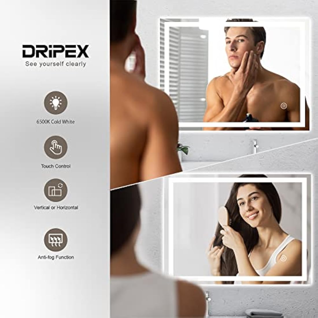Dripex LED Bathroom Mirror – 500x700mm Anti-Fog Wall Mounted Vanity