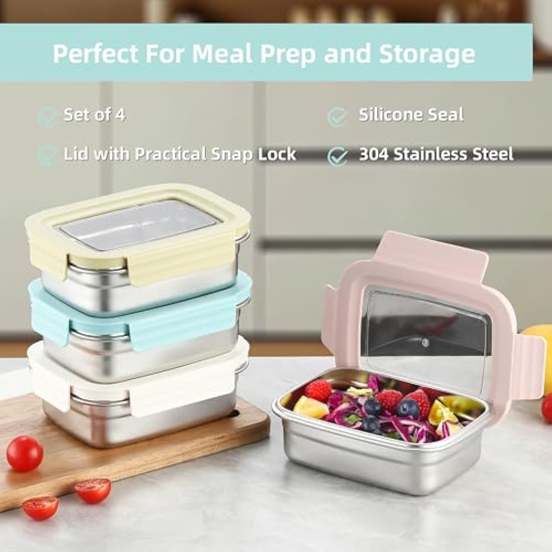 Misichao Stainless Steel Food Storage Containers - 4 Pack Leakproof Bento Box