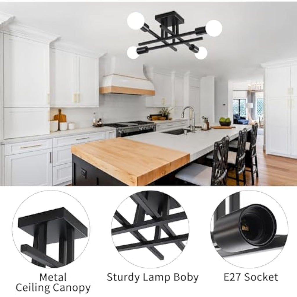 QAREHL Sputnik Chandelier | 4-Light Black Modern Flush Mount Ceiling Light