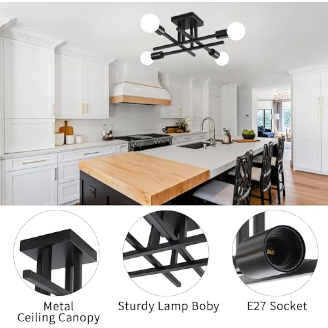 QAREHL Sputnik Chandelier | 4-Light Black Modern Flush Mount Ceiling Light