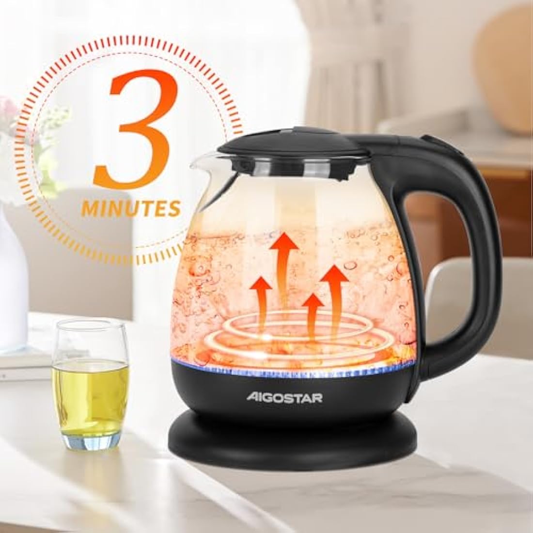 Aigostar 1.0L Glass Electric Kettle – 2200W Fast Boil Mini Tea Kettle