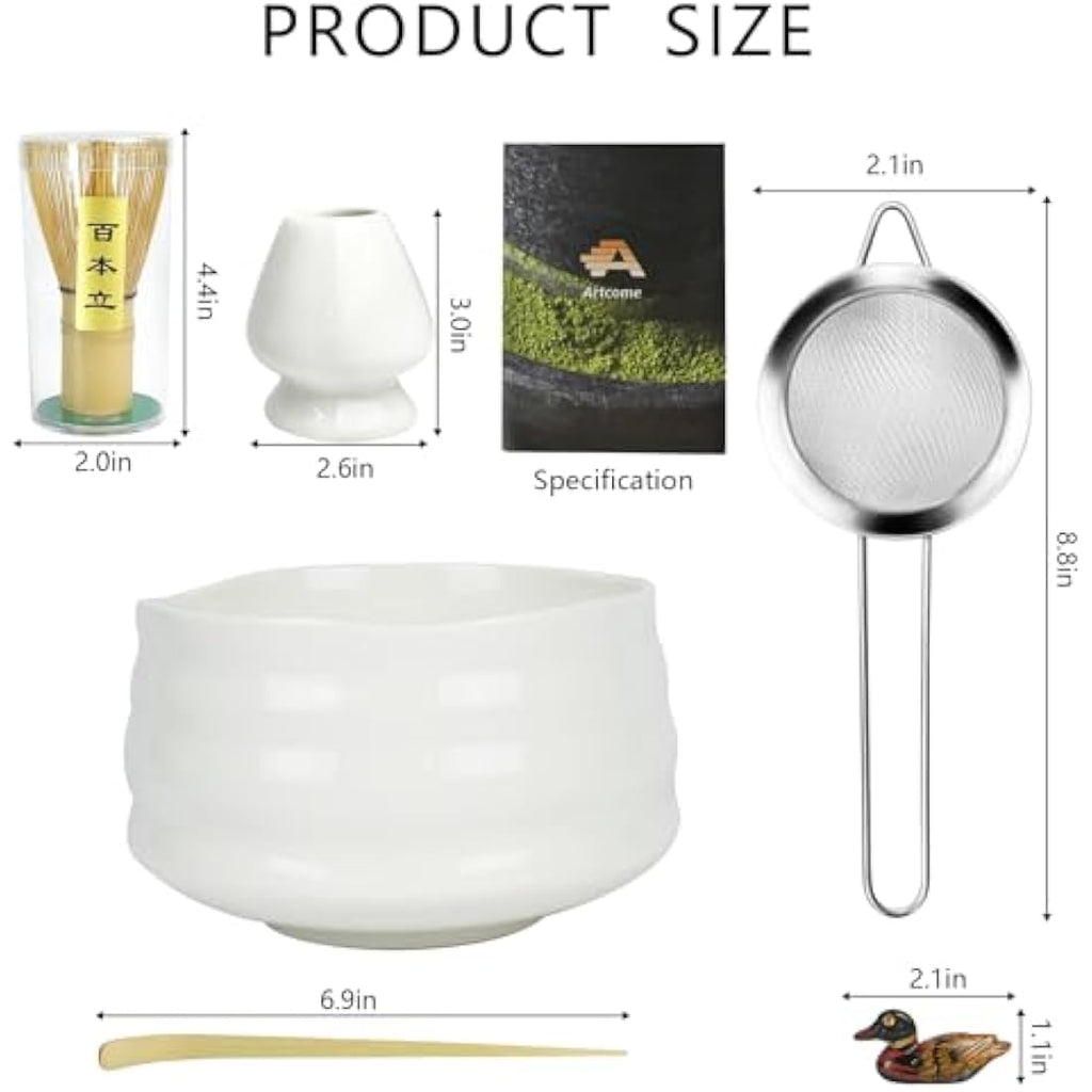 Artcome White Matcha Ceremony Kit – Bamboo Whisk and Ceramic Bowl Set