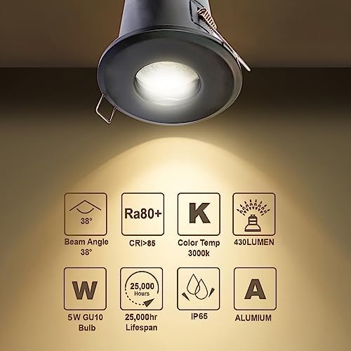 Sweier Fire Rated IP65 Waterproof LED Recessed Downlight - Black, 4 Pack