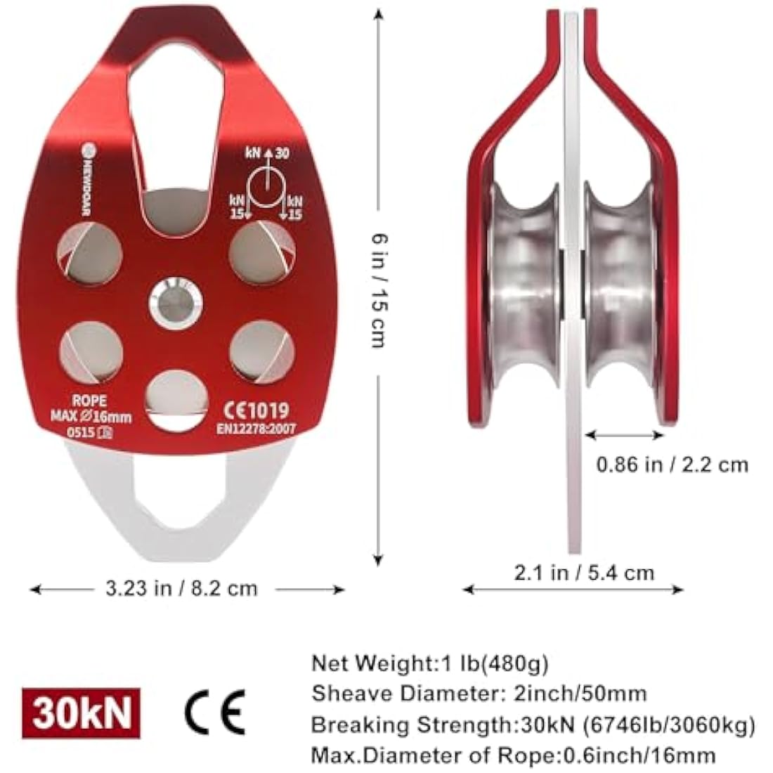NewDoar 30KN Double Rescue Pulley | 16mm Rope Sheave for Arborist