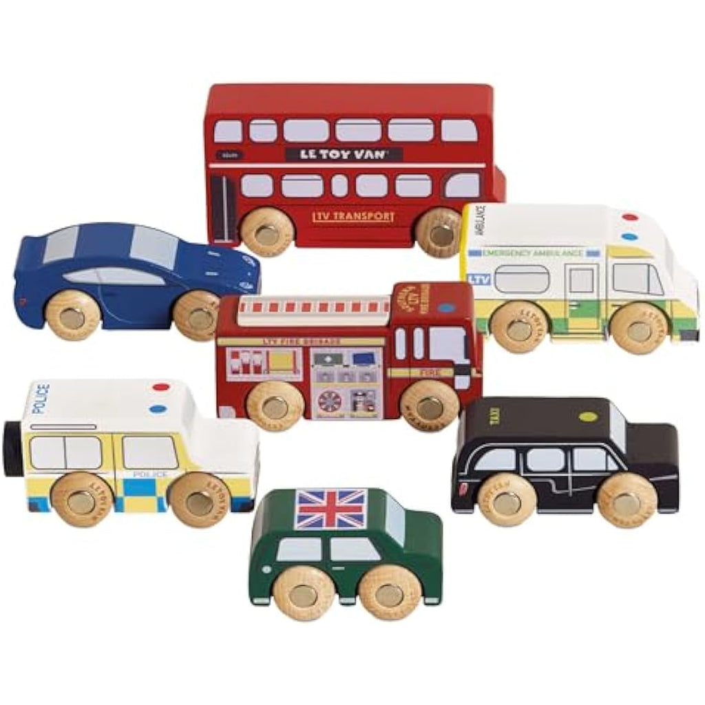 Le Toy Van London Wooden Toy Car Set – 7 Piece Iconic Vehicle Play Set