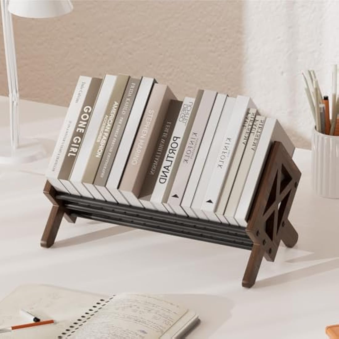 THYGIFTREE Oak Wood Desktop Bookcase – V-Shaped Tilting Storage Rack, Brown
