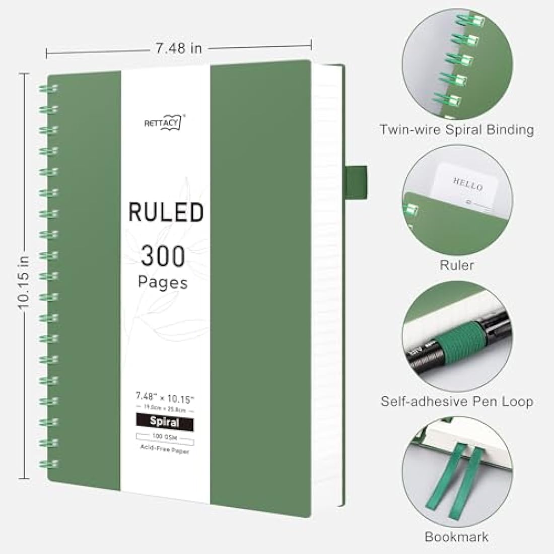 RETTACY B5 Spiral Notebook | 100gsm College Ruled Paper | Dark Green