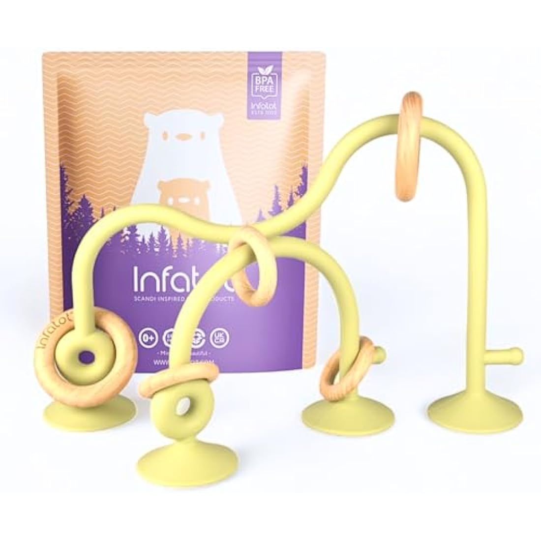 Infatot Silicone & Wood Suction Teething Toy – Sensory Baby Toy, Olive