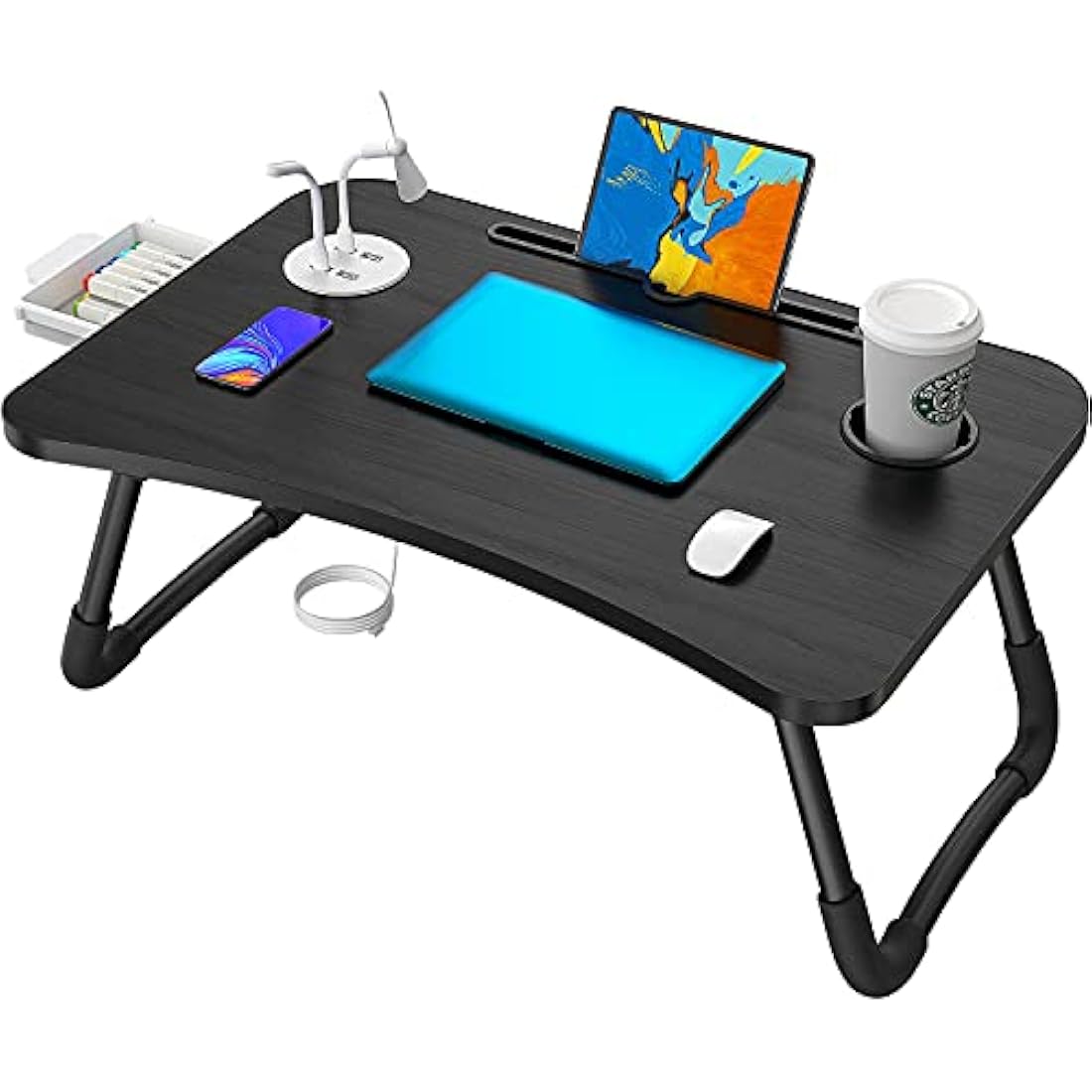 Laptop Bed Tray with USB Ports, Cup Holder & Fan – 23.6 Inch