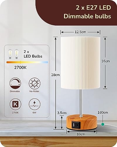 EDISHINE Touch Bedside Lamps Set of 2 | 3-Way Dimmable with USB Ports